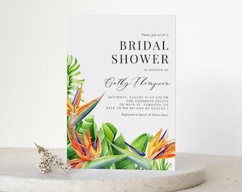 Birds of Paradise Bridal Shower Invitation Template - Printable Watercolor Bird of Paradise Tropical Floral Summer Bridal Brunch Invite BP96