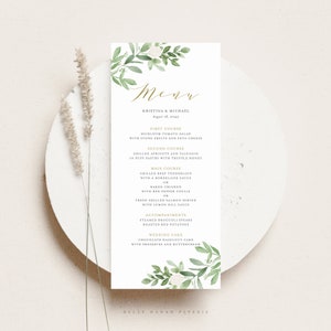 Printable Greenery Wedding Menu Card Template DIY 4x9 Watercolor Greenery and White Flowers Shower Menu Card Editable Menu Card GWF23 image 1