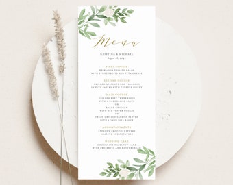 Printable Greenery Wedding Menu Card Template - DIY 4x9 Watercolor Greenery and White Flowers Shower Menu Card - Editable Menu Card GWF23