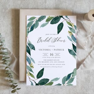 Printable Greenery Bridal Shower Invitation Template - DIY Watercolor Eucalyptus Wreath Bridal Luncheon Evite - Editable Boho Invite REW18