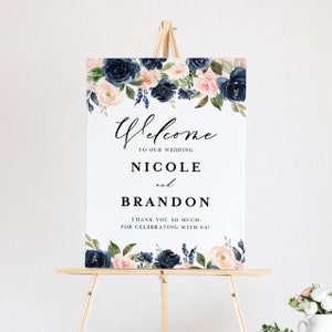 DIY Blush and Navy Floral Wedding Welcome Sign Template - Rustic Navy Blue and Blush Pink Flowers Fall Wedding Shower Poster - Editable BN18