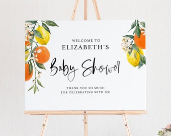 Summer Baby Shower Welcome Sign Template - Printable Botanical Lemons and Oranges Garland Baby Brunch Poster - DIY, Editable BC85