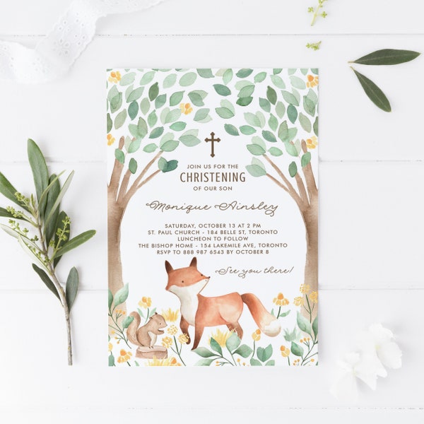 Woodland Fox Christening Invitation Template - Printable Watercolor Woodland Fox Forest Christening Invitation - DIY Editable WF01