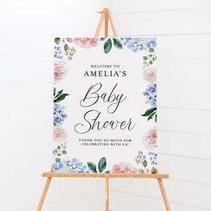 Floral Frame Baby Shower Welcome Sign Template - Printable Watercolor Hydrangeas and Roses Floral Brunch for Baby Poster - DIY Editable BHR5