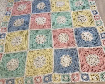 Vintage Crocheted Baby Afghan Blanket Handmade Pastel Granny Squares 33x33