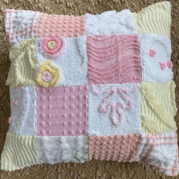 Chenille Pillow Cover 16 Square Vintage Handmade Cottagecore Pink Patchwork