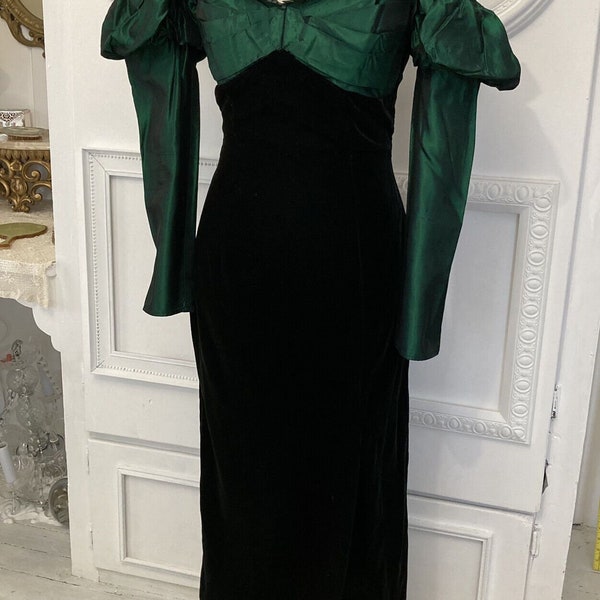 Vtg Gunne Sax Dress Jessica McClintock 5/6 Green Taffeta Puff  Black Velvet HTF