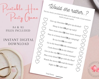 Ausdruckbare Hen Party Spiel | Lieber? | Junggesellinnenabschied Spiel | Braut sein | Hochzeitsplanung