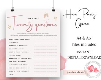 Ausdruckbare Hen Party Spiel | Braut zwanzig Fragen | Junggesellinnenabschied Spiele | Party Spiel zum Ausdrucken | Wie gut kennst du die Braut