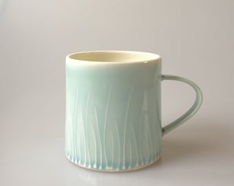 Breakfast cup - Light Blue, Grass Design - porcelain, handthrown, contemporary, handmade mug, tea mug, handmade pottery