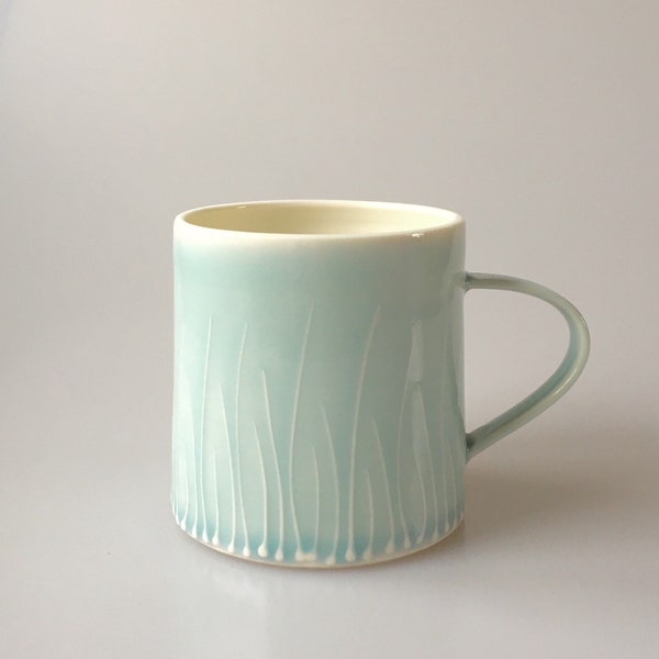 Breakfast cup - Light Blue, Grass Design - porcelain, handthrown, contemporary, handmade mug, tea mug, handmade pottery