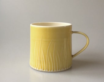 Breakfast cup - Yellow, Grass Design - handmade porcelain mug - tea mug - coffee cup - pottery mug