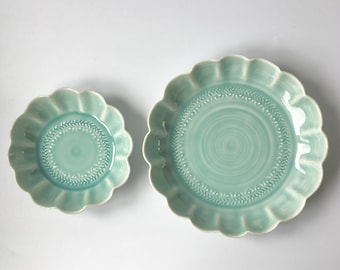 Set of 2 scalloped serving dishes - handmade porcelain dish plate serving