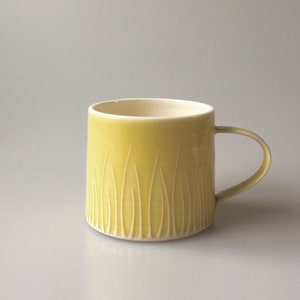 Coffee Cup  - Yellow, Grass Design - Butter Yellow Porcelain Ceramic Handmade Mug