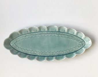 Blue Oval scalloped porcelain platter - serving dish - handmade