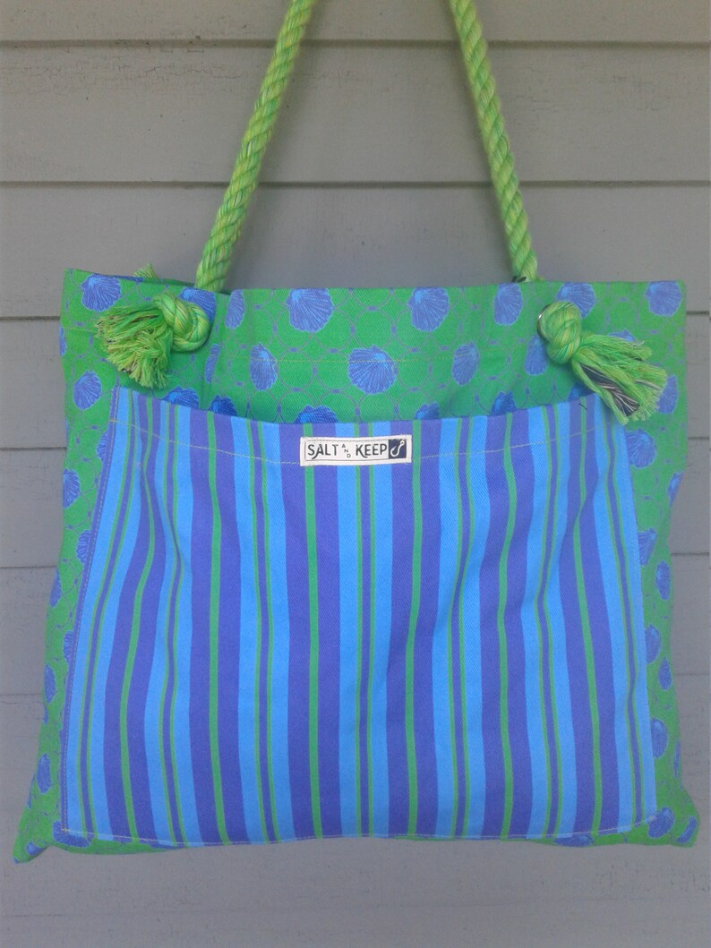 Blue Green Scallops and Drag with Stripe Pocket Large Tote