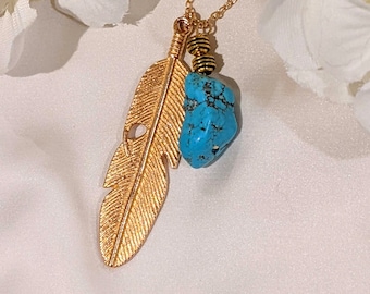 Collar con colgante de plumas, howlita turquesa, estilo bohemio