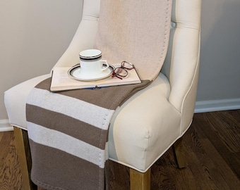 Manta de lana de cachemira / Rayas beige, marrón y crema / Manta reversible / Bordes a medida