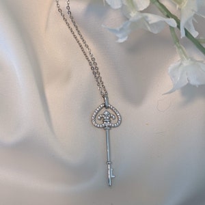 Platinum Overlay Silver Key Necklace, Silver Pendant, Key Pendant,  Key Chain Necklace, Skeleton Key Pendant,  Minimalist, Birthday