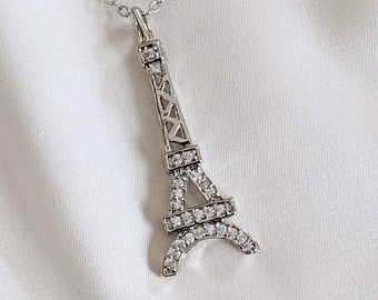 Collar de la Torre Eiffel en plata de ley con dije de circonita cúbica