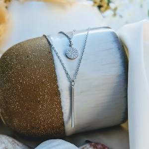 Double Chain Gold Necklace, Layered Necklace, Sterling Silver with CZ Charms Minimalist Dainty Necklace Birthday Wedding Bridesmaid Gifts