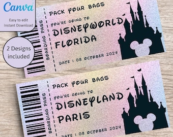 Disney ticket, Surprise Disneyland Ticket, Disneyworld Ticket, Editable Ticket, Theme Park ticket, personalised ticket, Instant Download