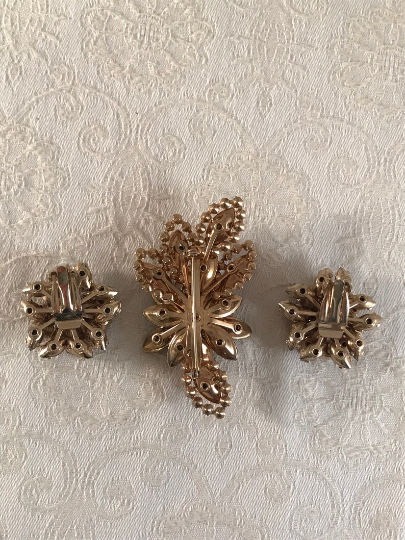 circa 1960/'s Vintage Amber Brown Rhinestone Brooch with matching Earrings Hair Brooch Bridal Wedding Jewelry