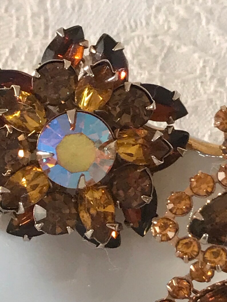 circa 1960/'s Vintage Amber Brown Rhinestone Brooch with matching Earrings Hair Brooch Bridal Wedding Jewelry