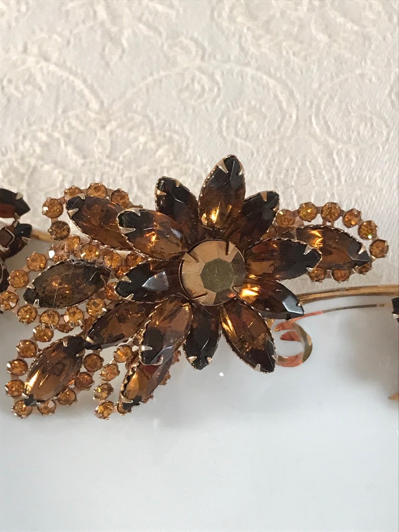 circa 1960/'s Vintage Amber Brown Rhinestone Brooch with matching Earrings Hair Brooch Bridal Wedding Jewelry