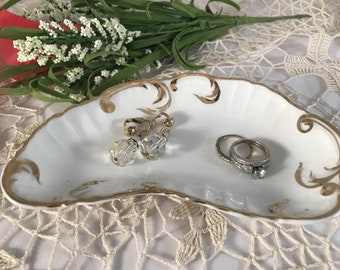 1 Vintage Porcelain Trinket Ring Dish ~ White Porcelain Necklace ~Ring Earring Watch Dish - Hand Painted Gold Accents, 1940's