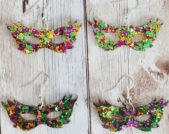Mardi Gras Mask Glitter Resin Earrings
