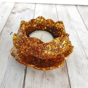 Gold Glitter Floral Resin Tealight Holder
