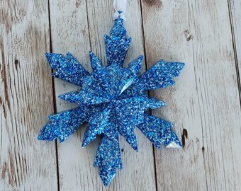 Blue and White Glitter Snowflake Ornament