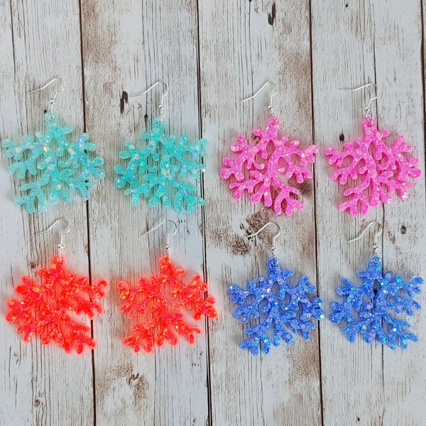 Large Coral Branch Glitter Resin Earrings