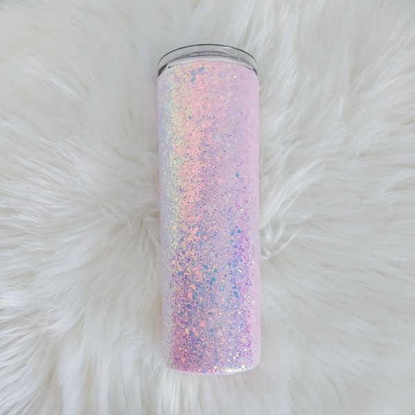 20 oz Pale Pink Golden Opal Glitter Skinny Tumbler