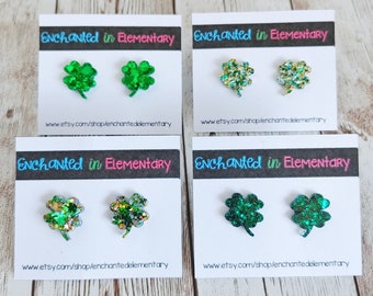 Four Leaf Clover Glitter Resin Stud Earrings