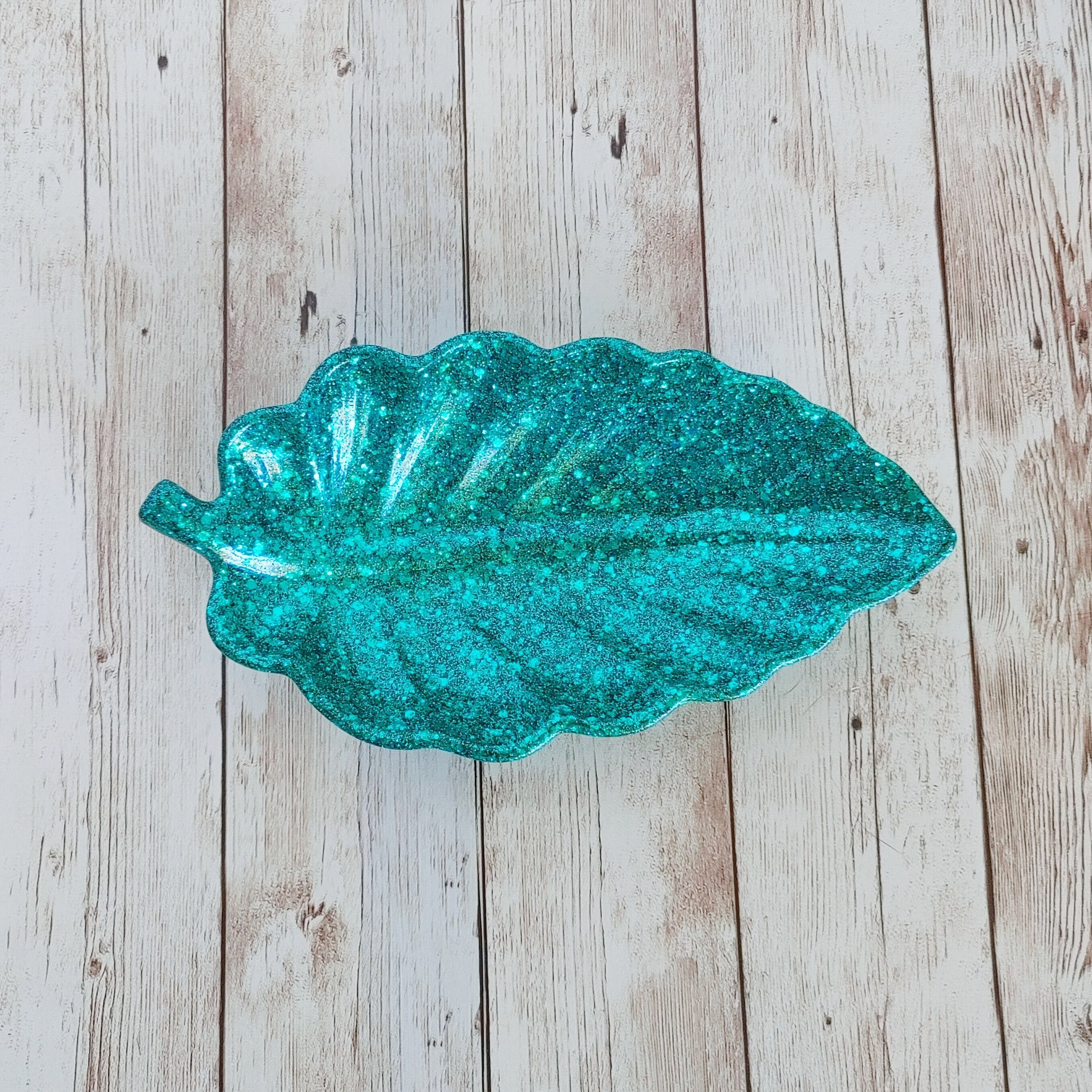 Teal Glitter Leaf Resin Trinket Tray Etsy