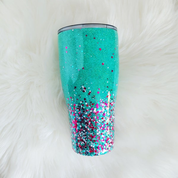 30 oz Teal, Fuchsia, and White Dotty Glitter Tumbler