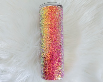 20 oz Magenta Golden Opal Glitter Skinny Tumbler