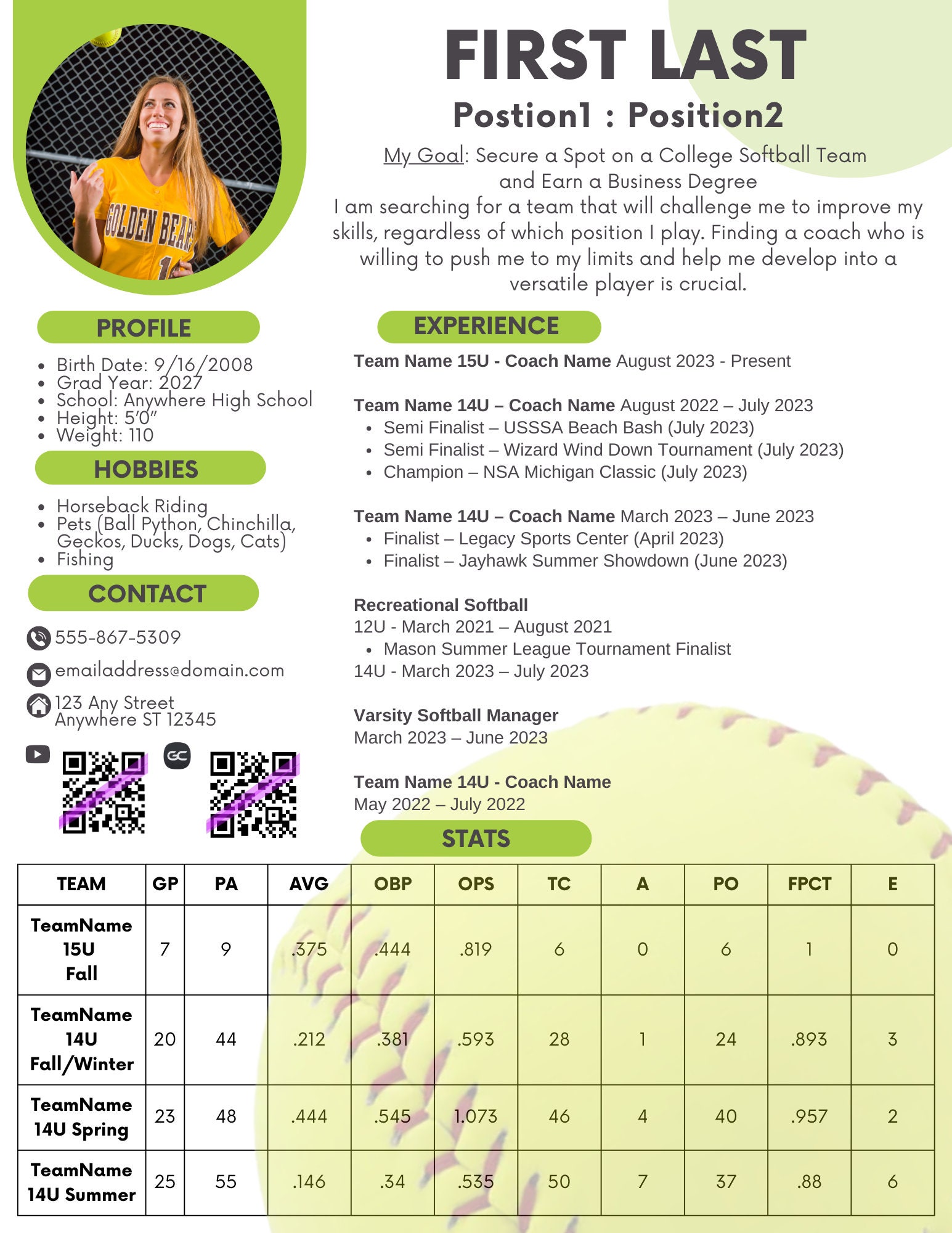 Player Profile Resume Sheet TEMPLATE - Etsy