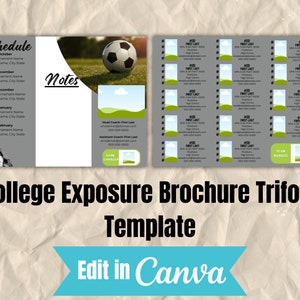 May include: A gray trifold brochure template for a college exposure event. The brochure features a soccer ball, a schedule of events, and contact information for the team. The text on the brochure reads "Schedule", "Notes", "Head Coach", "Assistant Coach", "Game Changer", "Team Website", and "College Exposure Brochure Trifold Template".