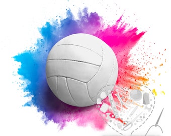 May include: A white volleyball with black stitching is surrounded by a colorful explosion of blue, pink, and yellow powder. The powder is in the shape of a heart and contains various sewing supplies, including needles, thread, buttons, and a measuring tape. The text "SIMPLE SEESTERS" is at the bottom of the image.