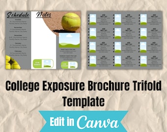 May include: A trifold brochure template for a college softball team. The brochure has a gray background with a green and white landscape design. The brochure includes a schedule of games, notes, and a section for player information. The brochure is designed to be edited in Canva.