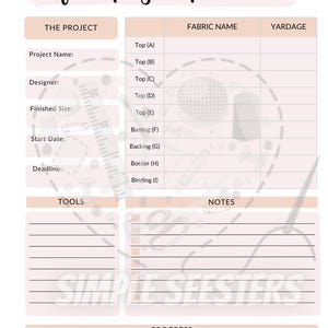 May include: A printable quilt project planner with sections for project details, fabric names and yardage, tools, notes, and progress. The planner has a pink and white color scheme with a simple design.
