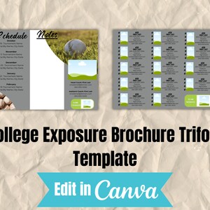 Op de afbeelding: Een grijze en groene drievoudig gevouwen brochure sjabloon voor een college honkbalteam. De voorzijde toont een honkbal en de tekst "College Exposure Brochure Trifold Template". De binnenpanelen bevatten een schema, notities en een rooster.