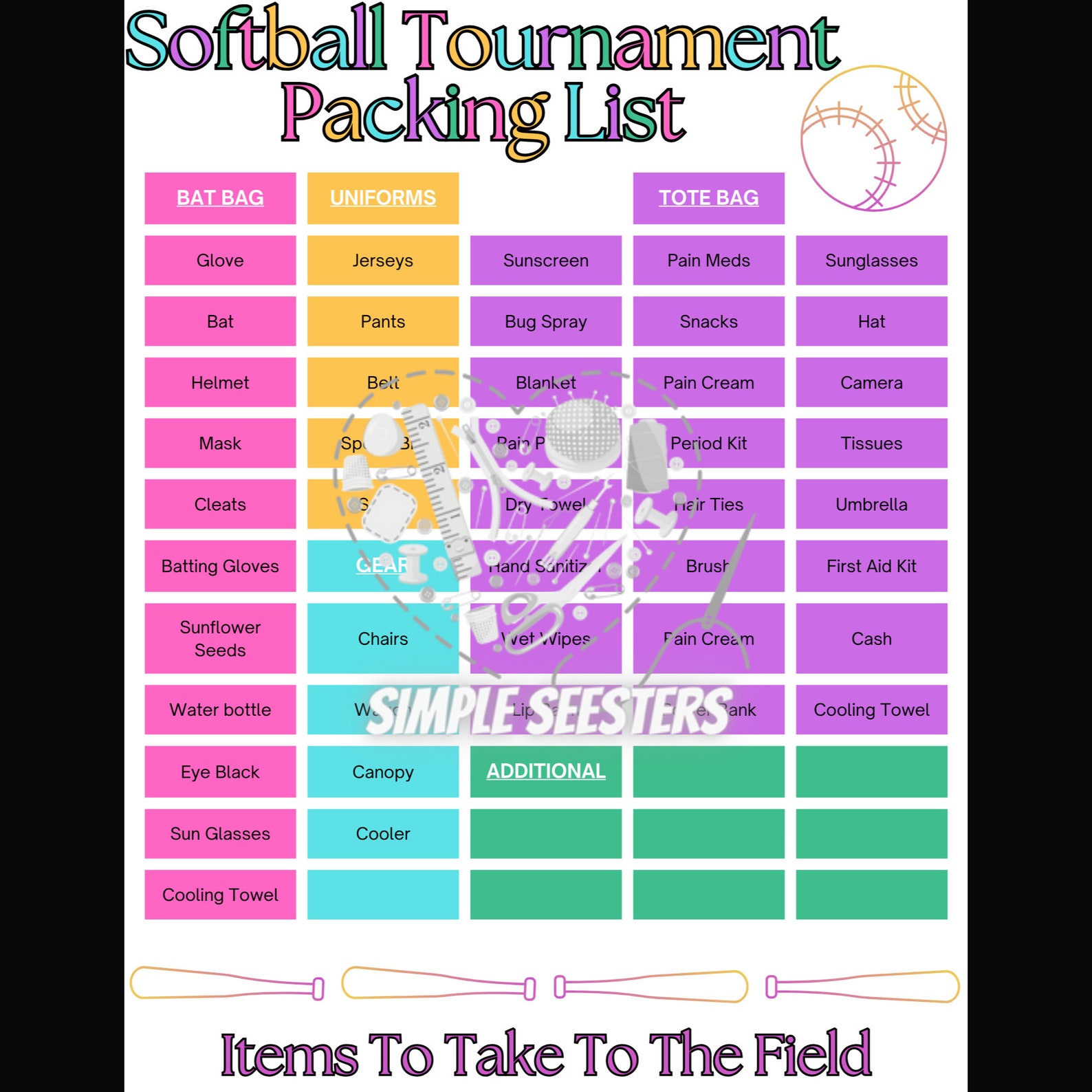 Softball Packing List Printable PDF Etsy