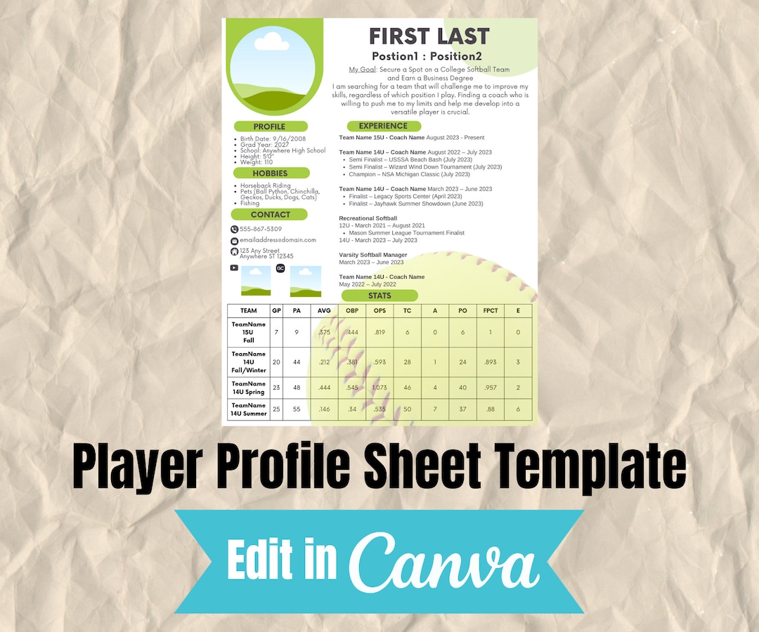 Player Profile Resume Sheet TEMPLATE - Etsy