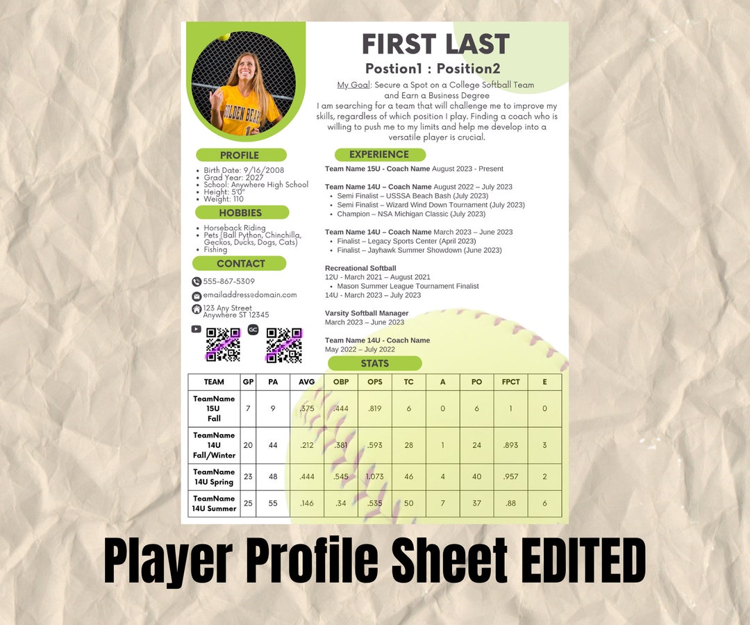 Player Profile Resume Sheet EDITED - Etsy