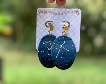 Constellation Dangle Earrings: Orion & Cygnus, Sparkly Polymer Clay