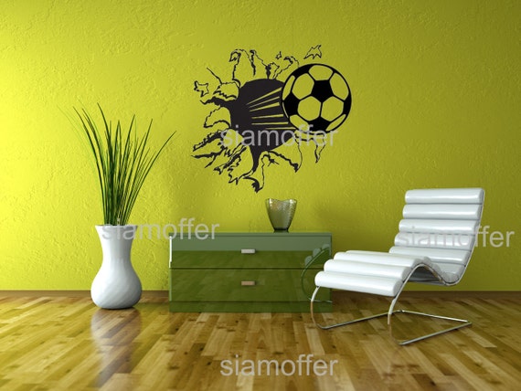 Football Soccer Ball Hit Break Through Wall Hole 19 X21 Wall Sticker Decal Water Proof For Children Boy Girls Room Living Room House Wall